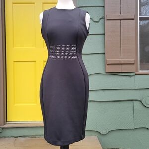 Karl Lagerfeld Paris Black Studded Stretch Knit Sheath Midi Dress Sz 6